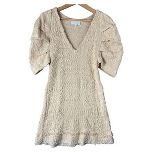 ALEXIS Dress Small Anika Boucle Puff Sleeve Cotton Knit Off White Mini Dress